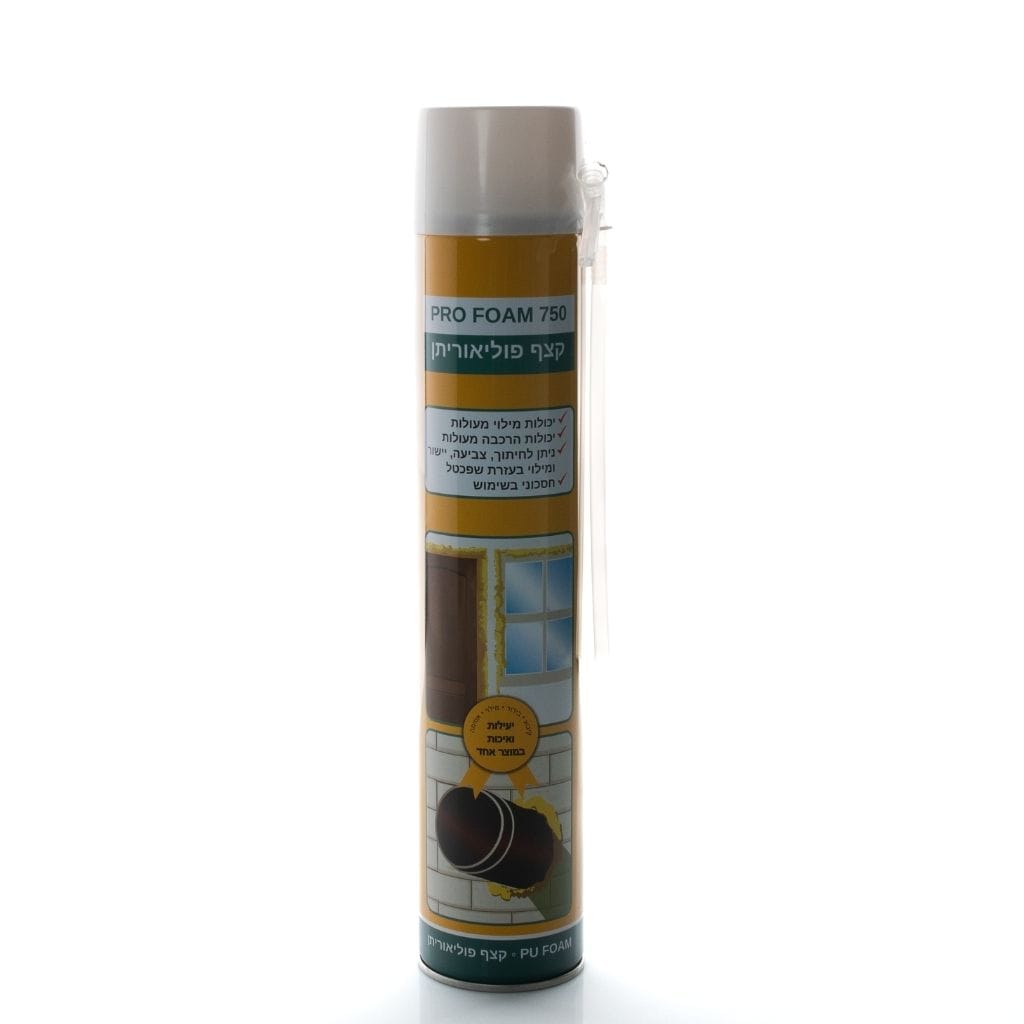 תרסיס קצף פוליאוריתן לבן וזהוב, PRO FOAM 750, למילוי, הרכבה ואיטום, על רקע לבן.