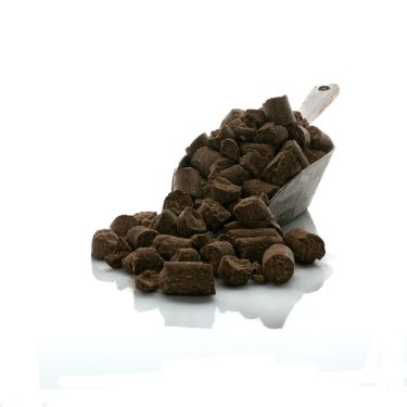 כף שבתוכה וסביבה חתיכות של מוצרי מזון יבשים חומים.